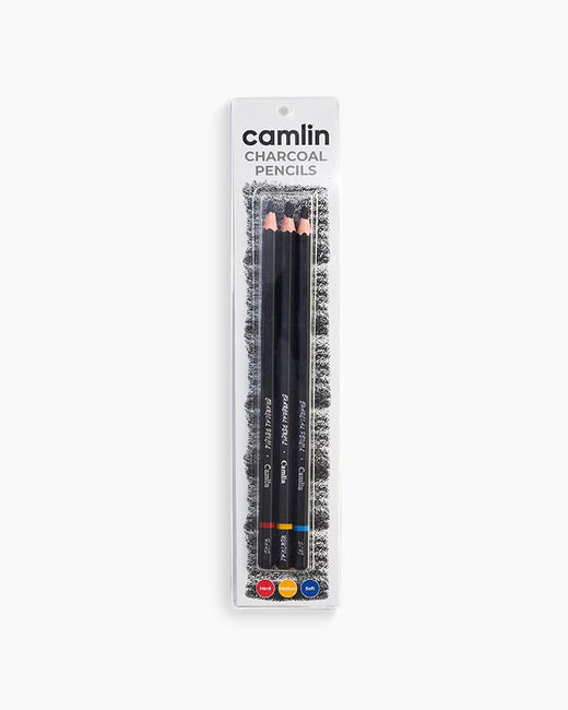 Camlin Charcoal Pencils – Pack of 3 Assorted Grades (Hard, Medium, Soft) | Pure Powdered Charcoal Blend Core