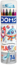 DOMS Erasable & Sharpenable Plastic Crayons (Pack of 14 Assorted Shades) – Premium Non-Smudge Art Crayons Housed in a Rigid Cylindrical Carry Case, Includes 1 Free Sharpener & 1 Free Crayon Cap Eraser