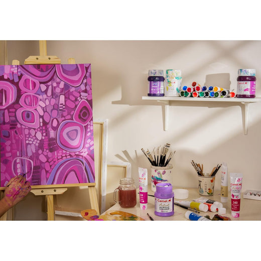 Camel Artist Acrylic Colours Set – 24 Assorted Shades (9 ml Tubes) | Includes 2 Free Artist Brushes | Versatile & Easy-to-Use Acrylic Paint Kit
