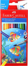Faber-Castell Premium Watercolour Pencils (Pack of 12 Assorted Shades) – Water-Soluble Drawing Pencils with Ergonomic Triangular Grip, Includes Free Artist Paint Brush for Fine Art and Illustration