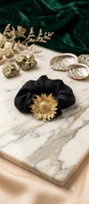Metallic Gold Floral Silk Scrunchie Set | Premium Black Satin Hair Ties Combo (2-Pack)