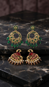 EdumartPlus Traditional Gold-Plated Statement Earring Combo for Women (Pack of 2 Pairs) – Royal Emerald Green Hollow Hoop Chandbalis & Festive Ruby Red Peacock Drop Earrings