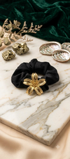 Metallic Gold Floral Silk Scrunchie Set | Premium Black Satin Hair Ties Combo (2-Pack)