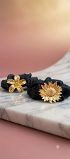 Metallic Gold Floral Silk Scrunchie Set | Premium Black Satin Hair Ties Combo (2-Pack)