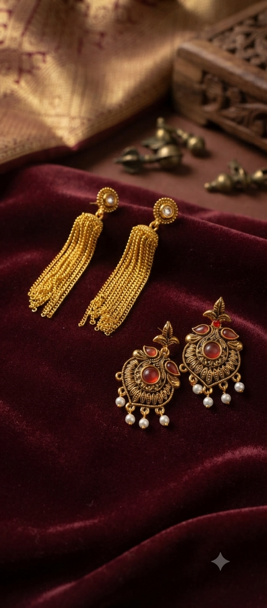 Premium Traditional & Festive Earring Combo Set – Featuring 1 Pair of Modern Gold-Plated Multi-Chain Tassels & 1 Pair of Antique Temple-Style Drop Jhumkas with Pearl Fringe (2-Pair Jewelry Pack)