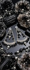 EdumartPlus Western & Fusion Statement Earring Combo for Women (Pack of 2 Pairs) – Bohemian Oxidized Silver Chandelier Loops with Black Beads & Luxury Rose Pink Geometric Crystal Drop Studs