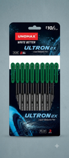 Unomax Ultron 2X Liquid Ballpoint Pen (Green Ink, Pack of 10) – High-Performance Liquid Ballpoint Pen with JRT Ink Technology