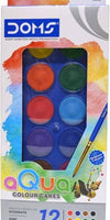 DOMS Aqua Colour Cakes (Pack of 12 Assorted Brilliant Shades) – 30mm Large Opaque Paint Pans Housed in a Rigid Interlocking Palette Case, Includes 1 Free Painting Brush