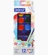 DOMS Aqua Colour Cakes (Pack of 12 Assorted Brilliant Shades) – 30mm Large Opaque Paint Pans Housed in a Rigid Interlocking Palette Case, Includes 1 Free Painting Brush