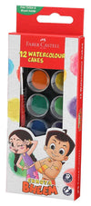 Faber-Castell Premium Watercolour Cakes (Pack of 12 Assorted Vibrant Shades) – Chhota Bheem Special Edition Kids Painting Set, Includes 1 Free Painting Brush & Free Kids Tattoo